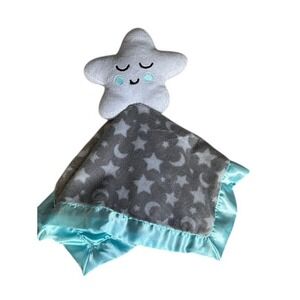 Parents Choice Lovey Star Security Blanket Soft Plush Teal Satin Trim Moon Stars